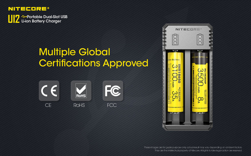 Nitecore UI2 Two Slot Portable Dual Slot USB Li ion Battery Charger has a multiple global certifications approved.