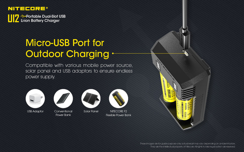 Nitecore UI2 Two Slot Portable Dual Slot USB Li ion Battery Charger has a micro USB Port for outdoor charging.