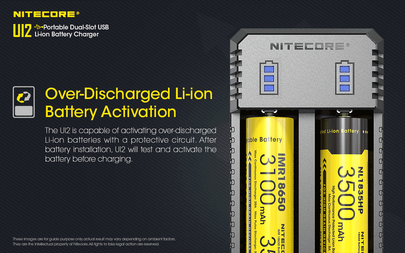 Nitecore UI2 Two Slot Portable Dual Slot USB Li ion Battery Charger over discharged Li-ion Battery activation.