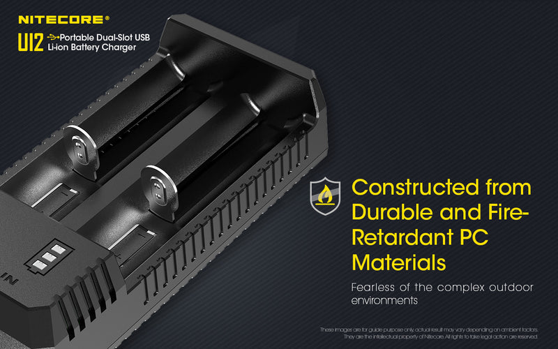 Nitecore UI2 Two Slot Portable Dual Slot USB Li ion Battery Charger constructed from durable and fire retardant PC materials.
