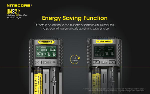 Nitecore UMS2 Intelligent USB Dual Slot Superb Charger energy saving function.