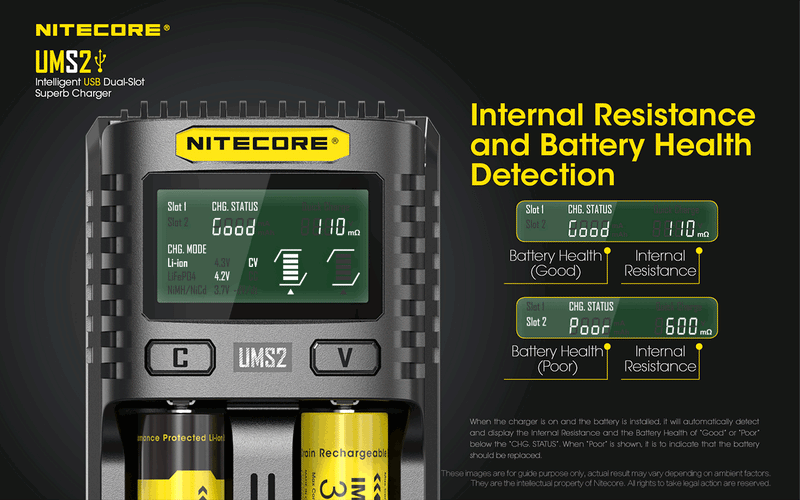 Nitecore UMS2 Intelligent USB Dual Slot Superb Charger for internal resistance and battery health detection.