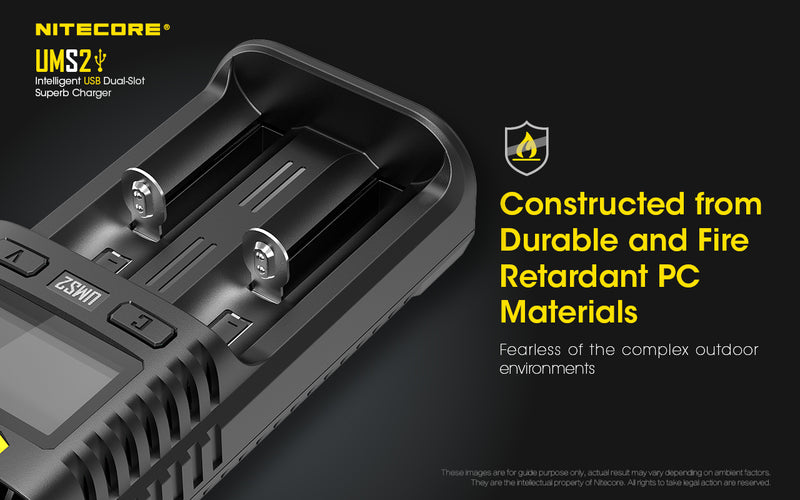 Nitecore UMS2 Intelligent USB Dual Slot Superb Charger has constructed from durable and fire retardant PC materials.