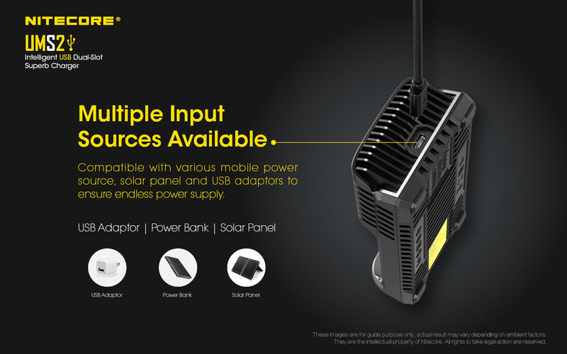 Nitecore UMS2 Intelligent USB Dual Slot Superb Charger has multiple Input Sources Available.
