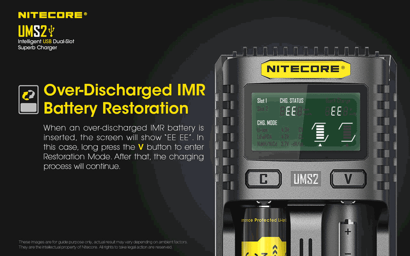 Nitecore UMS2 Intelligent USB Dual Slot Superb Charger has over discharged IMR battery restoration.