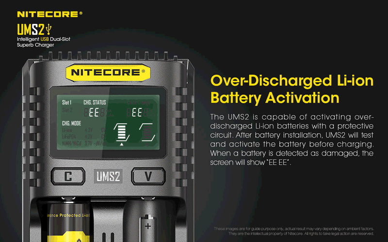 Nitecore UMS2 Intelligent USB Dual Slot Superb Charger has over discharged Li-ion battery activation