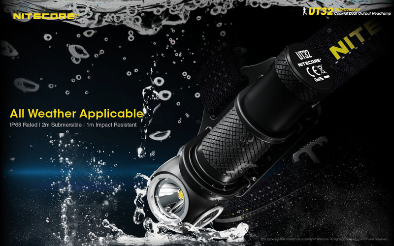 Nitecore UT32 Ultra Compact Coaxial Dual Output Headlamp  has all weather applicable.