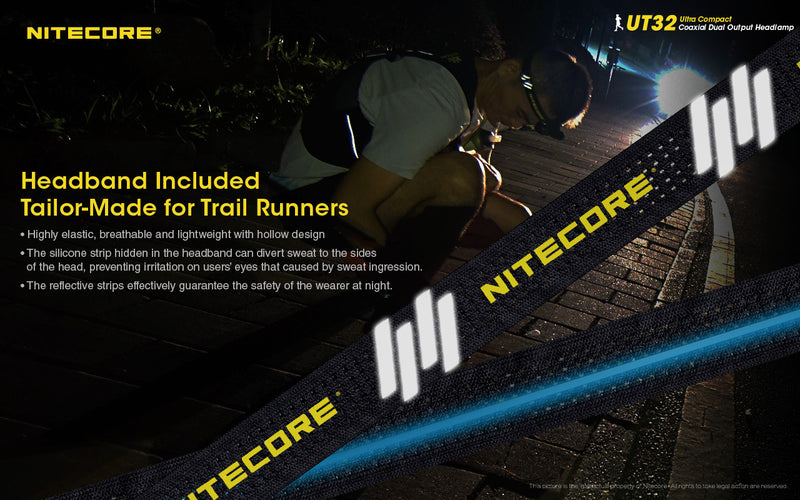 Nitecore UT32 Ultra Compact Coaxial Dual Output Headlamp has headband included and tail made for trail runners.