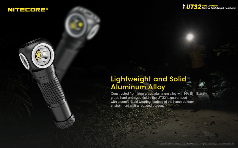 Nitecore UT32 Ultra Compact Coaxial Dual Output Headlamp is lightweight and solid aluminium alloy.