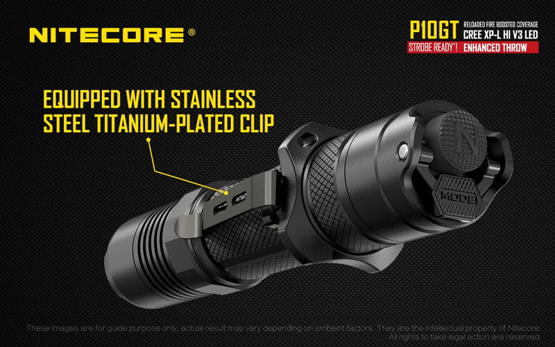 Nitecore P10GT with equipped with stainless steel titanium plated clip.