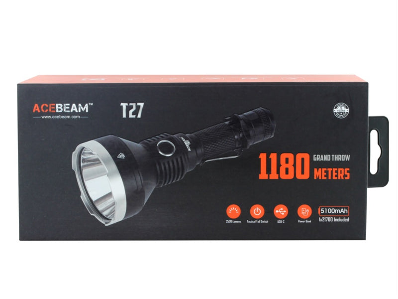 Packaging for Acebeam T27 flashlight