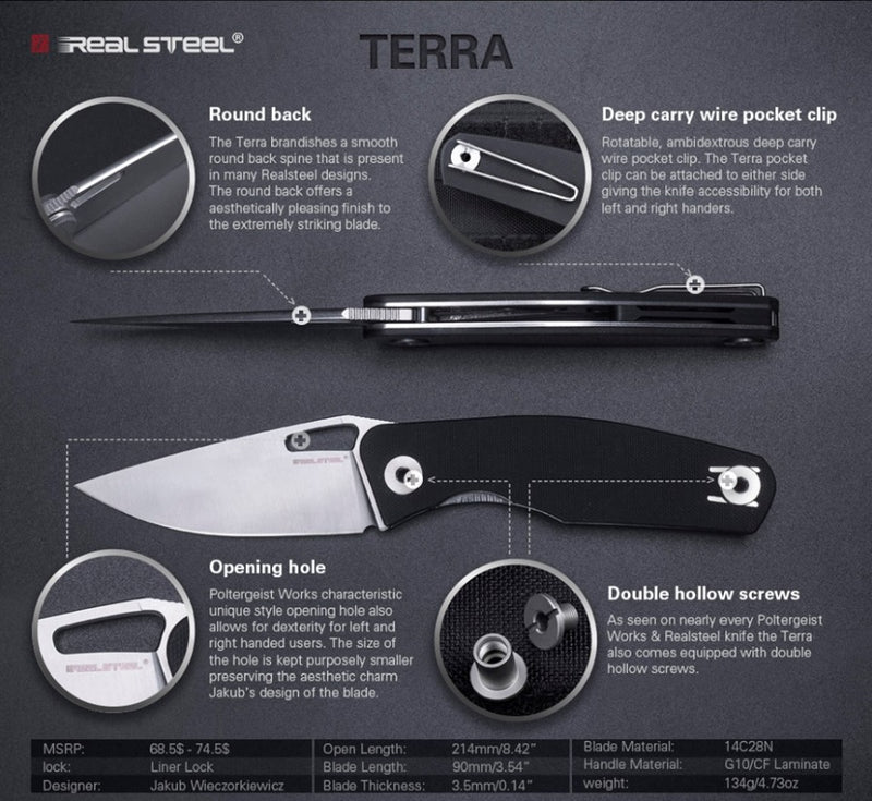Real Steel Knives The Terra Linerlock Black RS7451 or Carbon Fibre RS7454