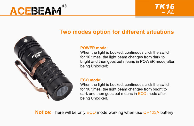 ACEBEAM TK16 AL EDC led flashlight in aluminum with two modes.