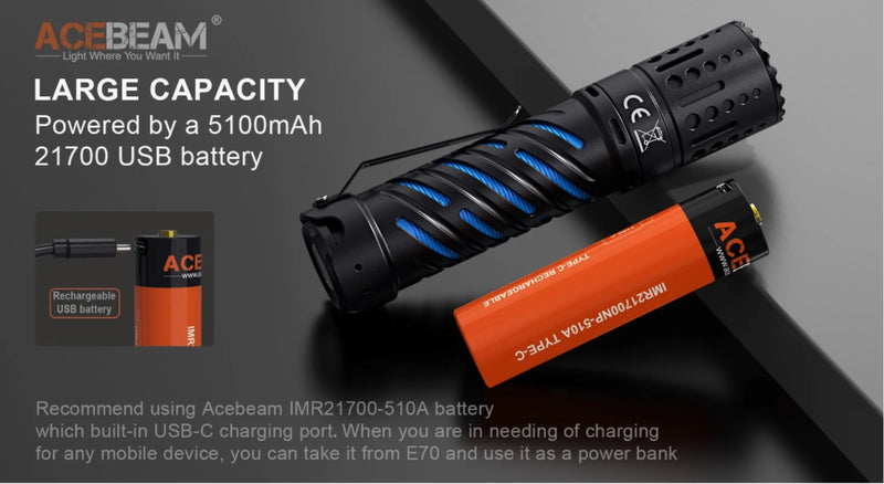   Acebeam e70 with large capacity and USB battery with large capacity and powered by a  5100 mAh 21700 USB battery.