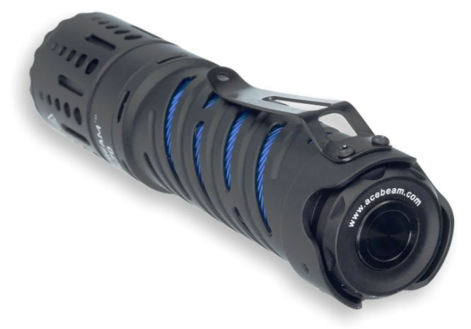 Acebeam E70-AL Compact EDC LED flashlight with 4600 lumens with tail cap.