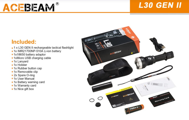 Acebeam L30 GEN II flashlight with accessories.