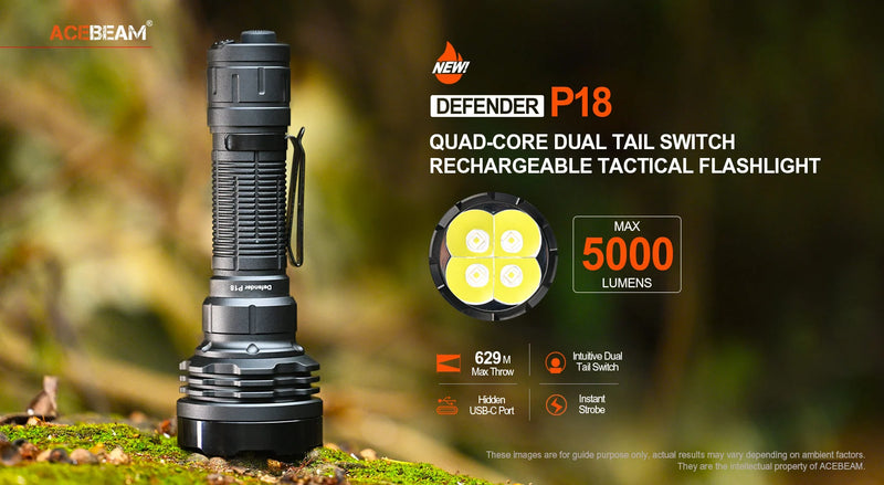 Acebeam P18 Defender Quad Core Dual Tail Switch Rechargeable Tactical Flashlight