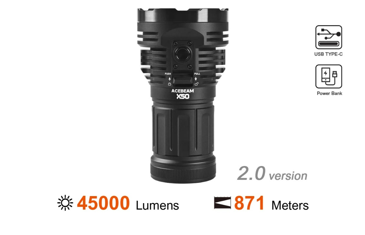 Acebeam X50 V2.0 Flashlight | 45000 Lumens Power Bank & Fast Charging