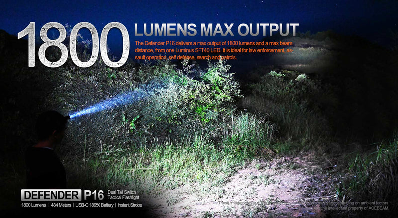 Acebeam P16 Defender Flashlight Gray with 1800 lumens maximum output