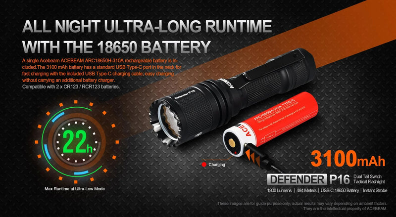 Acebeam P16 Defender Flashlight Gray with all night ultra long runtime with 18650 battery