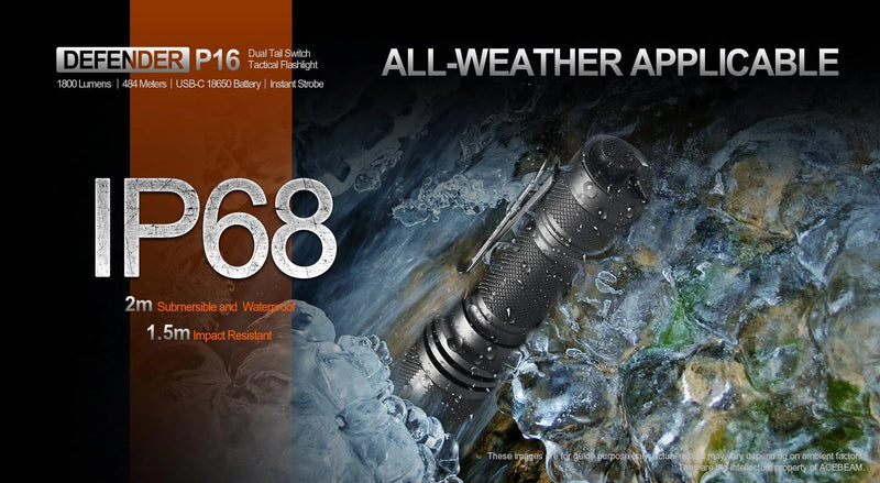 Acebeam P16 Defender Flashlight Gray with all weather applicable,