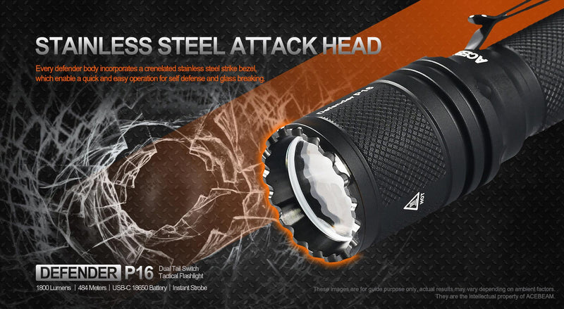 Acebeam P16 Defender Flashlight Gray with stainless steel attack head.