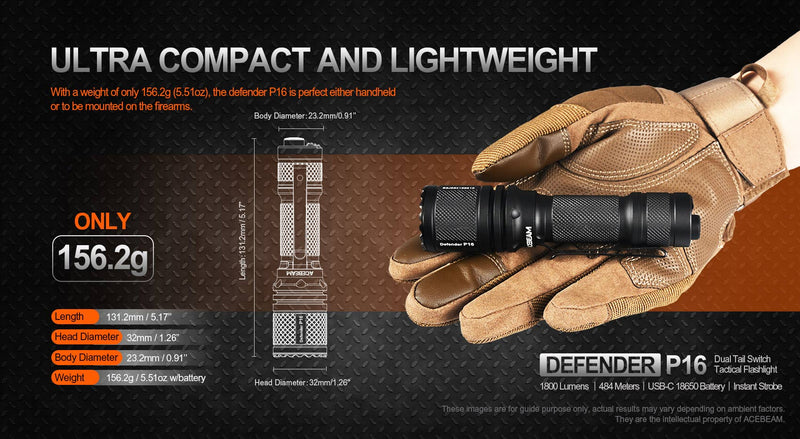Acebeam P16 Defender Flashlight Gray with ultra compact and lightweight.