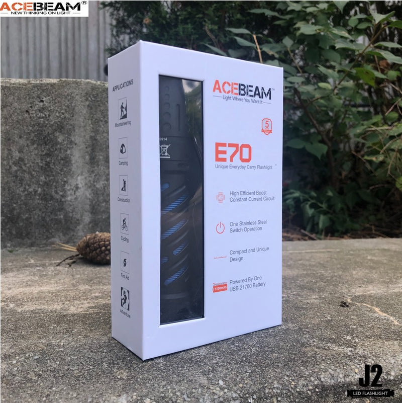 Acebeam E70-AL Compact EDC LED flashlight with 4600 lumens with packaging.