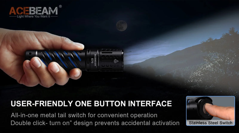 Acebaem E70 EDC Flashlight with user friendly one button interface.