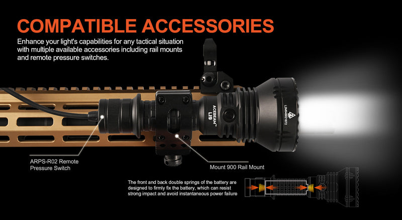 Acebeam L19 V2.0 flashlight with compatible accessories.