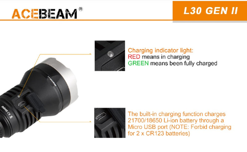 Acebeam L30 GEN II with low battery indicator.