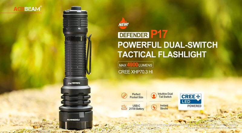 Acebeam P17 Flashlight with powerful dual switch tactical flashlight.