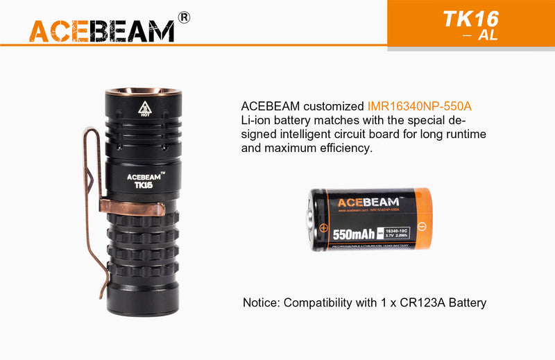 ACEBEAM TK16 AL EDC led flashlight in aluminum with IMR 16340NP-550A