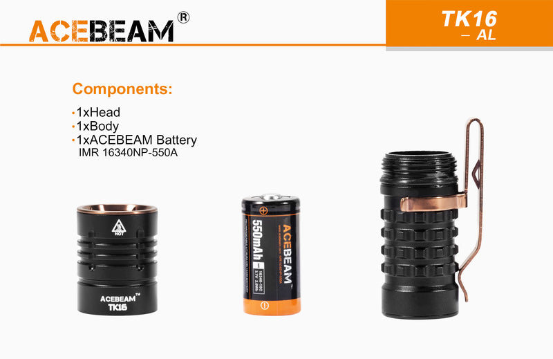 ACEBEAM TK16 AL EDC led flashlight in aluminum with three components.