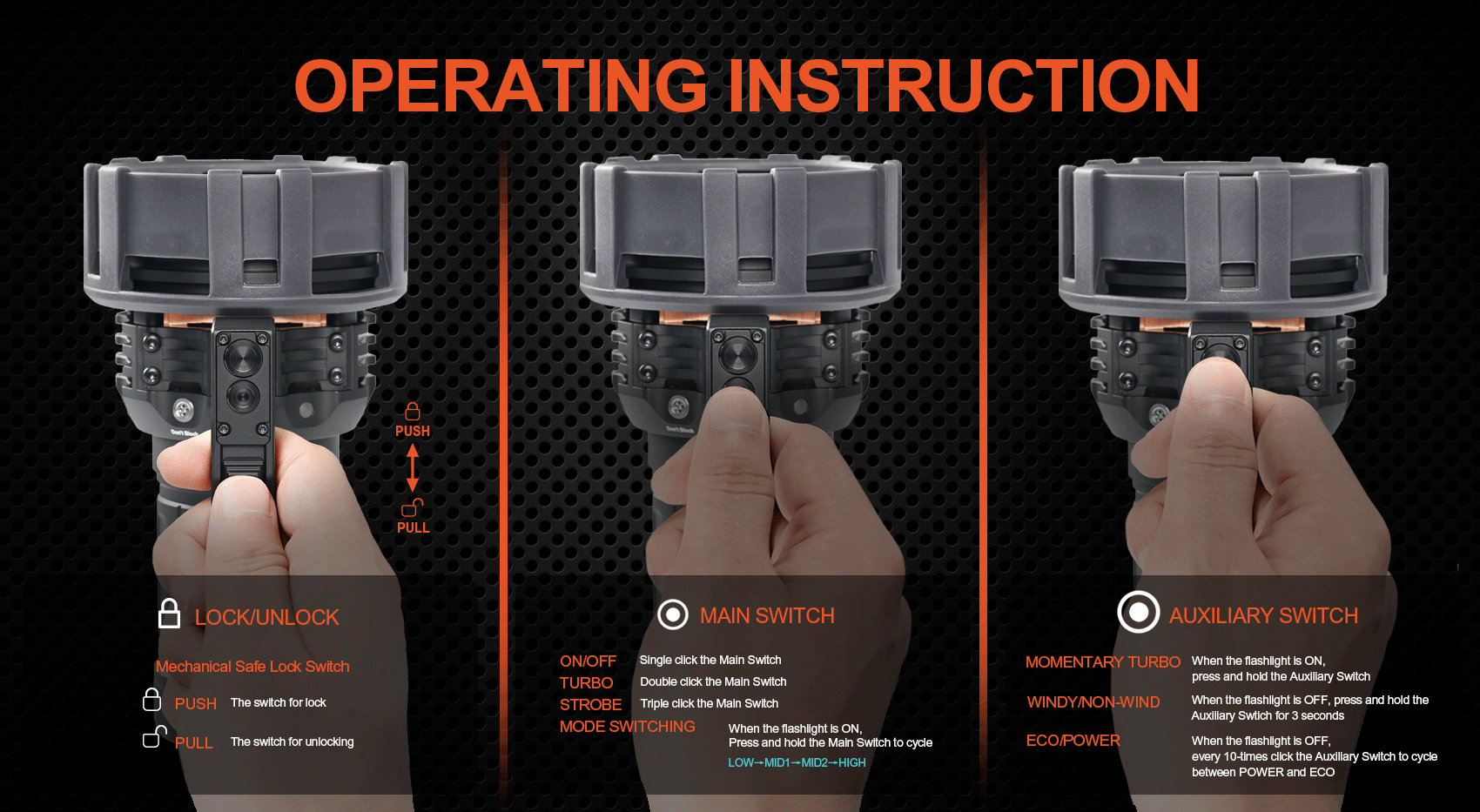 Acebeam X75 Brightest Power Bank Flashlight with 80,000 Lumens with Operating Instruction.