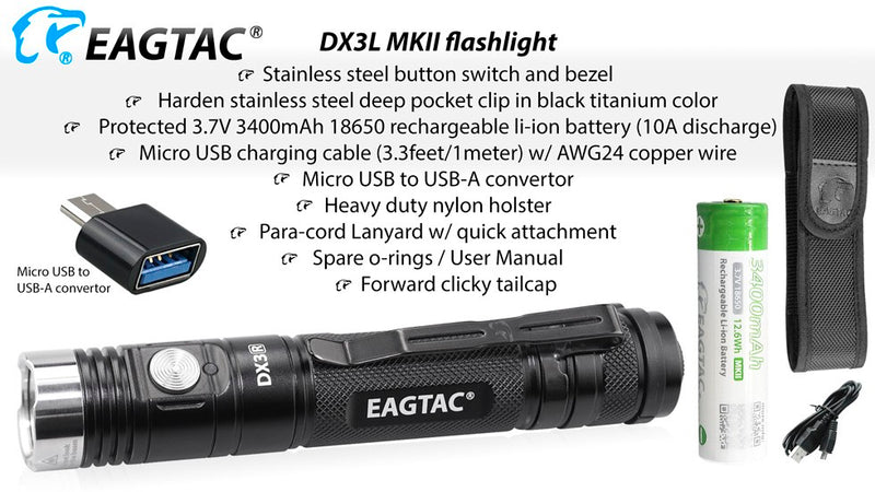 Eagtac Dx3L MK II flashlight with stainless steel button switch and bezel.