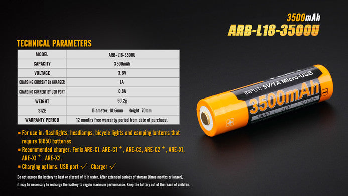 Fenix ARB L18 3500u 18650 lithium battery with technical parameters.