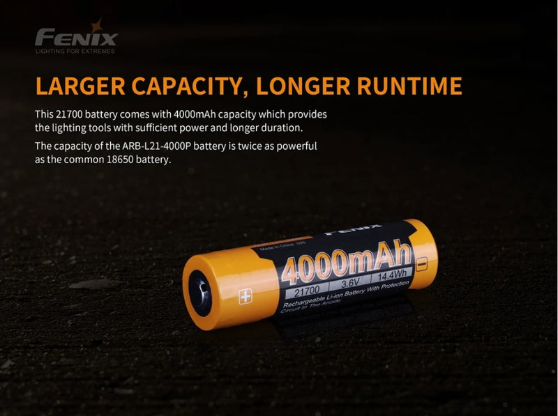 Fenix ARB-L21-4000P Rechargeable Li-ion Power battery with larger capacity and longer runtime.