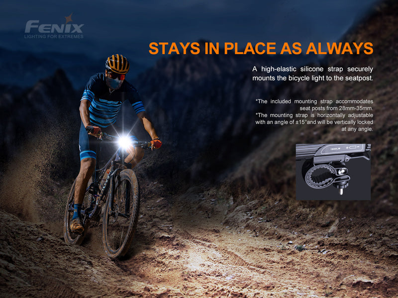 Fenix BC26r 1600 lumens bike light stays in place as always as high elastic silicone straps securely mount the bicycle light to the seat post.