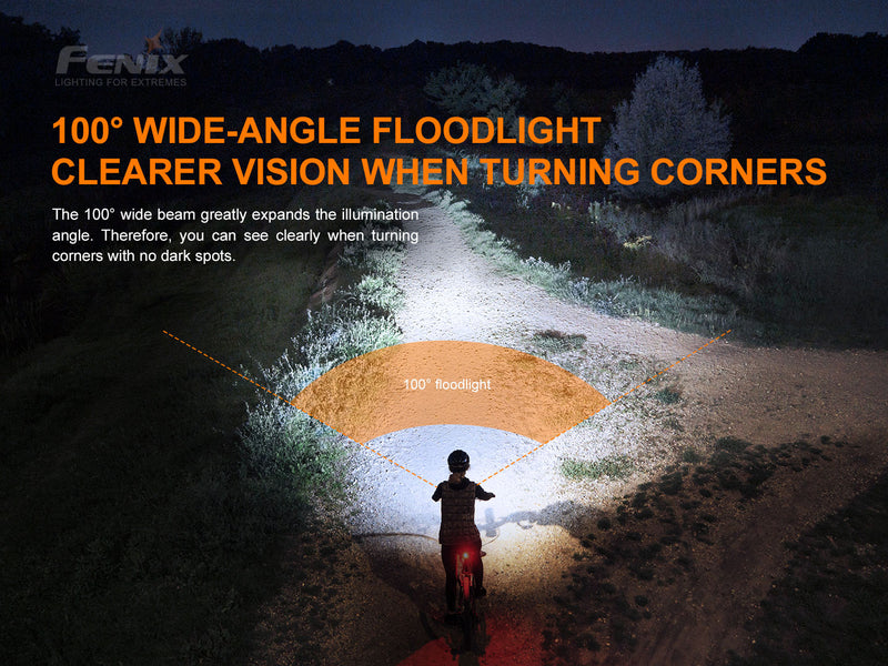 Fenix BC26r 1600 lumens bike light with 100 degrees wide angle flood light clearer vision when turning corners.