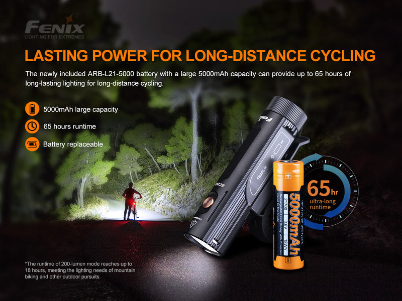 Fenix BC26r 1600 lumens bike light with lasting power for long distance cycling.