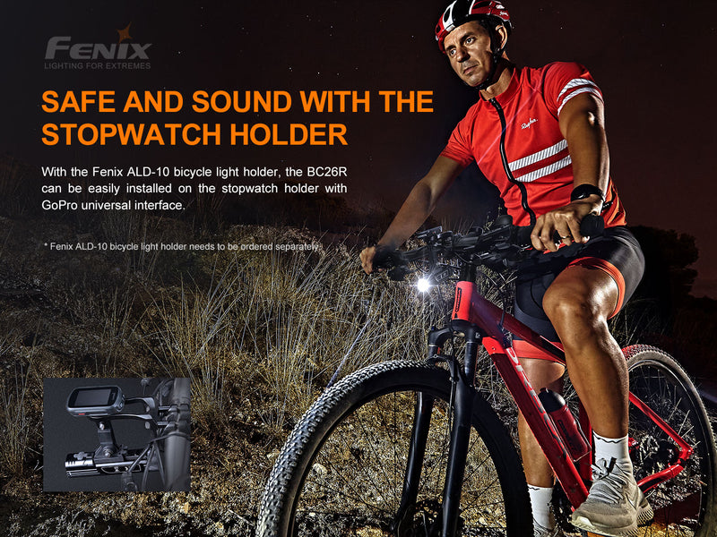 Fenix BC26r 1600 lumens bike light is safe and sound with the stop watch holder.