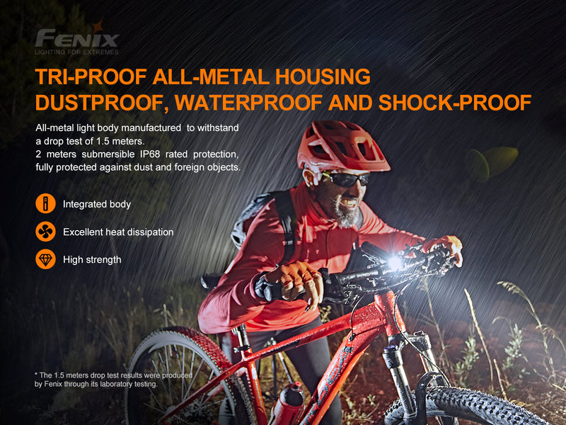 Fenix BC26r 1600 lumens bike light with tri proof all metal housing, dust proof , waterproof and shockproof.
