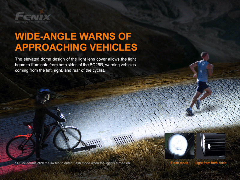 Fenix BC26r 1600 lumens bike light with wide angle warns of approaching vehicles.