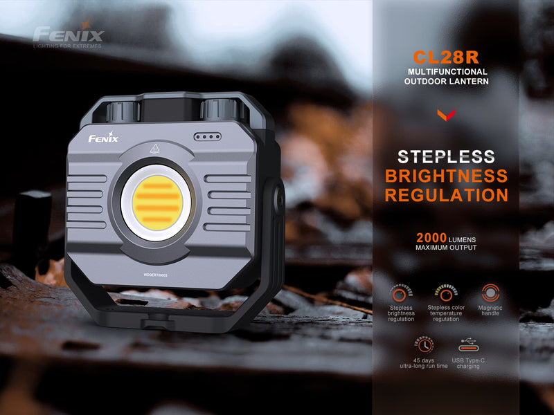 Fenix CL28R Multifunction Outdoor Lantern with stepless brightness regulation.