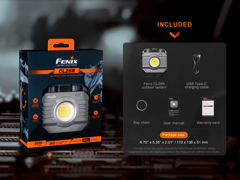 Fenix CL28R Multifunction Outdoor Lantern with included accessories.