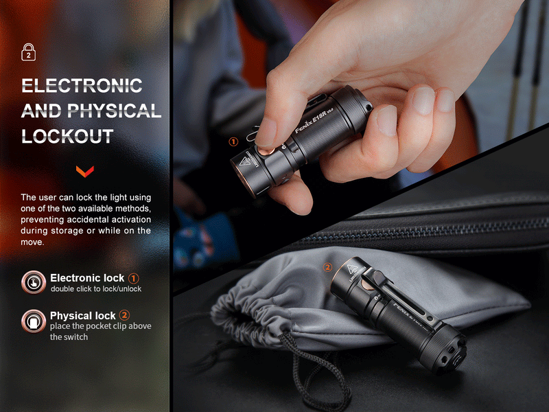 Fenix E18R V2.0 Ultra Compact High Performance EDC Flashlight with electronic and physical lockout.
