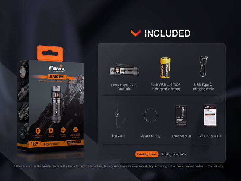Fenix E18R V2.0 Ultra Compact High Performance EDC Flashlight with accessories included.
