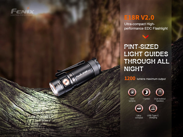 Fenix E18R V2.0 Ultra Compact High Performance EDC Flashlight with pint sized light guides through all nights.