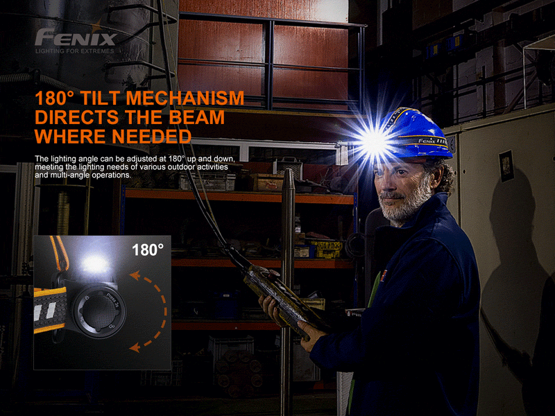 fenix hm70r 1600 lumens headlamp with 180 degrees tilt mechanism directs the beam where needed